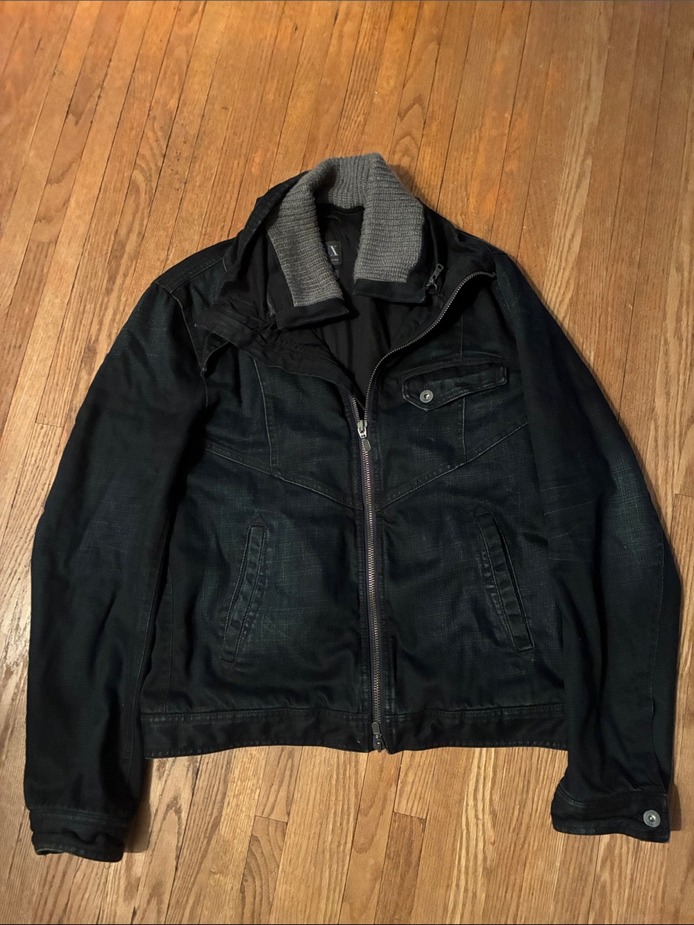 Armani Exchange Dark Blue Denim Jacket with Gray Knit Collar